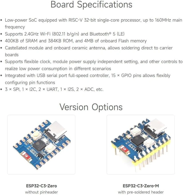 Alt view image 4 of 7 - Waveshare 2PCS ESP32-C3 Mini Development Board, Based On ESP32-C3FN4 Single-Core Processor, 160MHz Running Frequency, 2.4GHz Wi-Fi & BLE 5 with Pre-soldered Header
