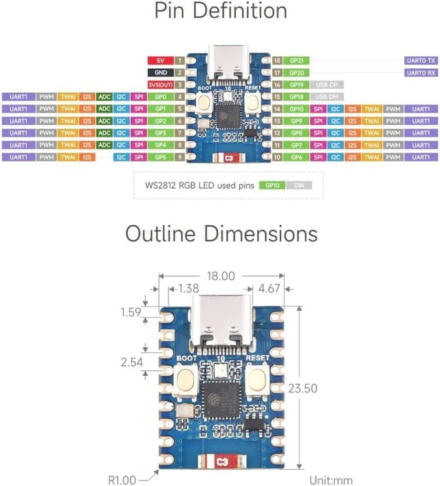 Alt view image 7 of 7 - Waveshare 2PCS ESP32-C3 Mini Development Board, Based On ESP32-C3FN4 Single-Core Processor, 160MHz Running Frequency, 2.4GHz Wi-Fi & BLE 5 with Pre-soldered Header