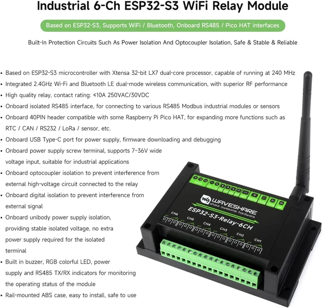 Alt view image 3 of 7 - Waveshare 2PCS Industrial 6-Channel ESP32-S3 Wi-Fi Relay Module, Supports Wi-Fi/BLE/RS485 Control, Onboard RS485 / Pico HAT Interfaces, with Multiple Isolation Protection Circuits