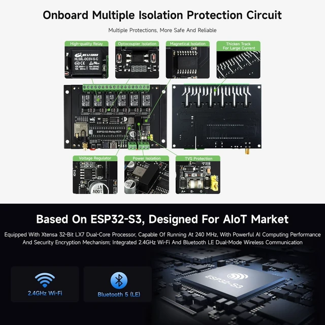 Alt view image 5 of 7 - Waveshare 2PCS Industrial 6-Channel ESP32-S3 Wi-Fi Relay Module, Supports Wi-Fi/BLE/RS485 Control, Onboard RS485 / Pico HAT Interfaces, with Multiple Isolation Protection Circuits