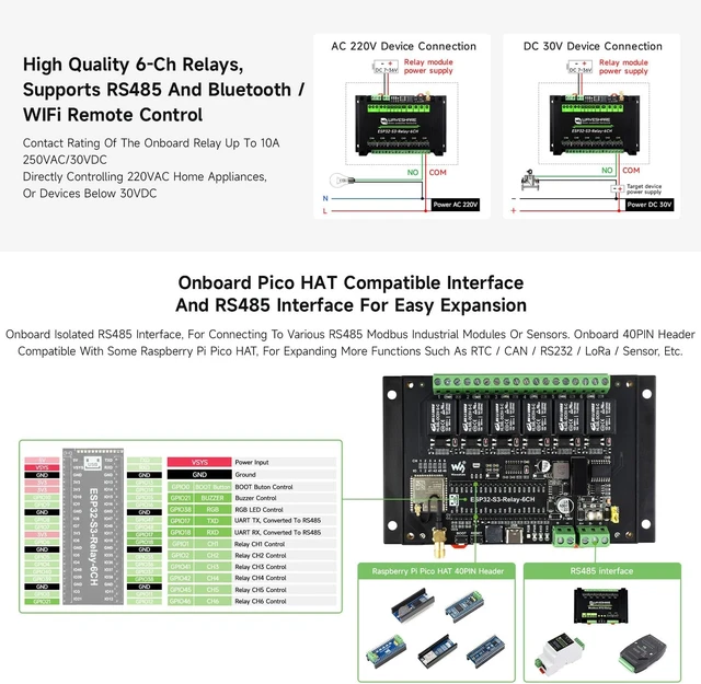 Alt view image 6 of 7 - Waveshare 2PCS Industrial 6-Channel ESP32-S3 Wi-Fi Relay Module, Supports Wi-Fi/BLE/RS485 Control, Onboard RS485 / Pico HAT Interfaces, with Multiple Isolation Protection Circuits