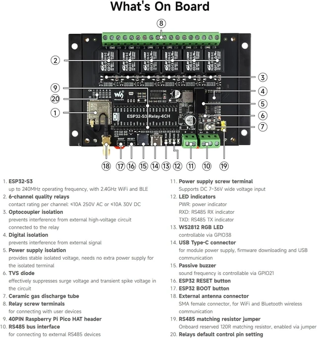 Alt view image 7 of 7 - Waveshare 2PCS Industrial 6-Channel ESP32-S3 Wi-Fi Relay Module, Supports Wi-Fi/BLE/RS485 Control, Onboard RS485 / Pico HAT Interfaces, with Multiple Isolation Protection Circuits