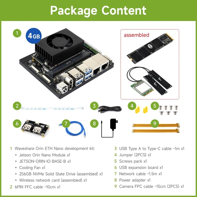 Alt view image 2 of 7 - Waveshare Jetson Orin Nano AI Dual ETH Development Kit for Embedded and Edge Systems, Bundle with 4GB Jetson Orin Nano Module, Jetson-ORIN-IO-Base-B, USB Expansion Board and so on (9items)