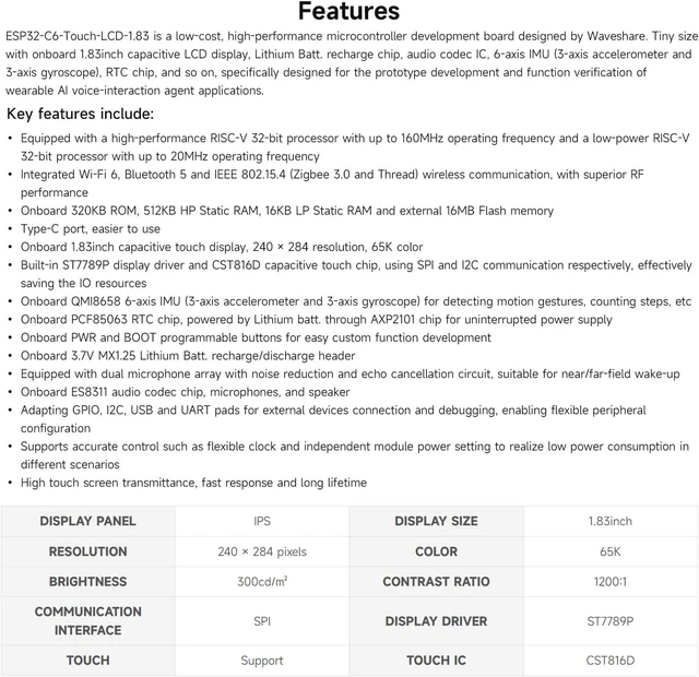 Alt view image 4 of 7 - Waveshare ESP32-C6 1.83inch Touch Display Development Board, 240 × 284, Onboard Audio Codec Chip, Built-in Microphones and Speaker, Supports Wi-Fi 6 and BLE 5