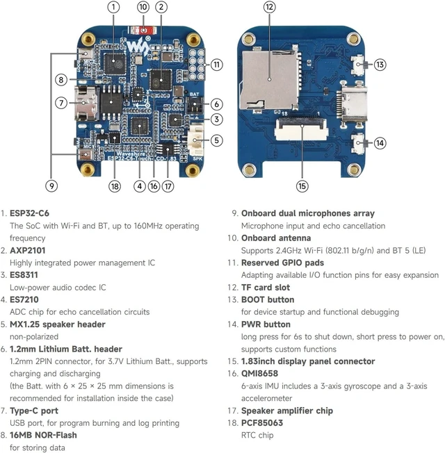 Alt view image 7 of 7 - Waveshare ESP32-C6 1.83inch Touch Display Development Board, 240 × 284, Onboard Audio Codec Chip, Built-in Microphones and Speaker, Supports Wi-Fi 6 and BLE 5