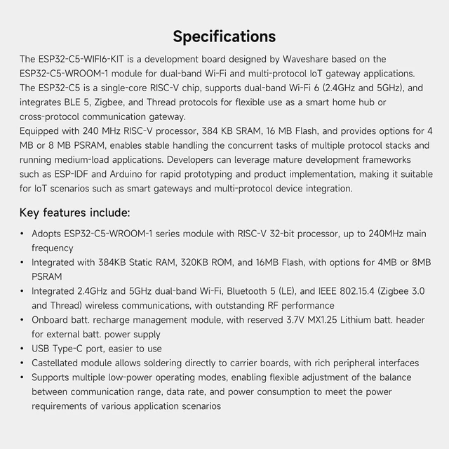 Alt view image 4 of 7 - Waveshare ESP32-C5 Dual-Band Wi-Fi 6 Development Board, 240MHz RISC-V Processor, ESP32-C5-WROOM-1 Series Module, Multi-Protocol RISC-V MCU, 8MP PSRAM