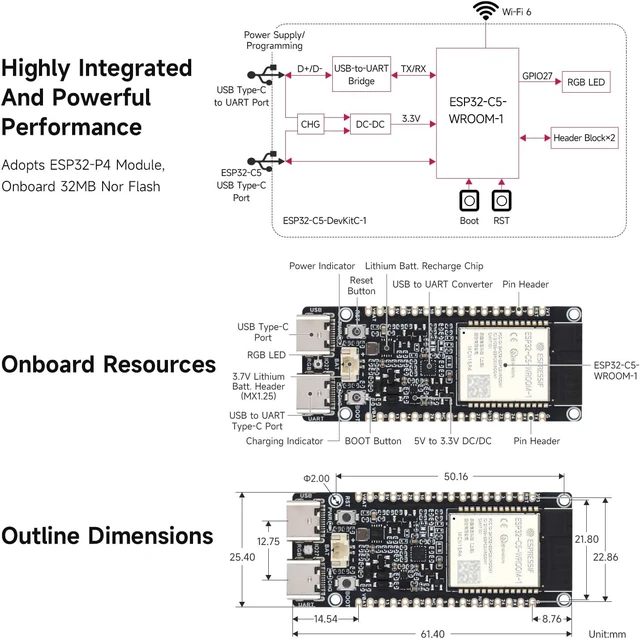 Alt view image 7 of 7 - Waveshare ESP32-C5 Dual-Band Wi-Fi 6 Development Board, 240MHz RISC-V Processor, ESP32-C5-WROOM-1 Series Module, Multi-Protocol RISC-V MCU, 8MP PSRAM