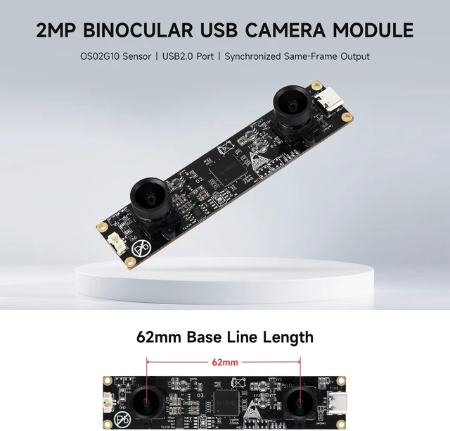Alt view image 3 of 6 - Waveshare OS02G10 2MP Stereo USB Camera Module, OS02G10 Sensor Chip, USB2.0 Port, Synchronized Same-Frame Output, 62mm Baseline, Featuring Distortion-Free Lenses
