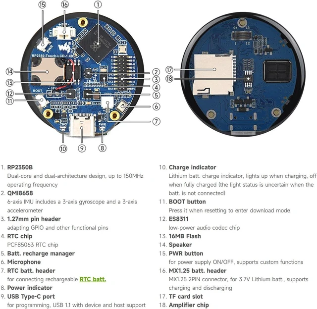 Alt view image 7 of 7 - Waveshare RP2350 1.46inch Capacitive Touch Round Display Development Board, 480×480 IPS Panel Display, 65K Color, with Protective Cover Glass