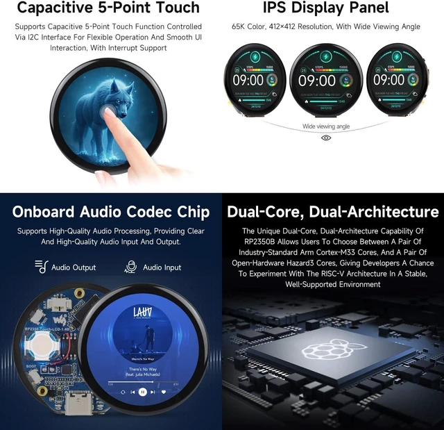 Alt view image 5 of 7 - Waveshare RP2350 1.46inch Capacitive Touch Round Display Development Board, 480×480 IPS Panel Display, 65K Color, with Protective Cover Glass