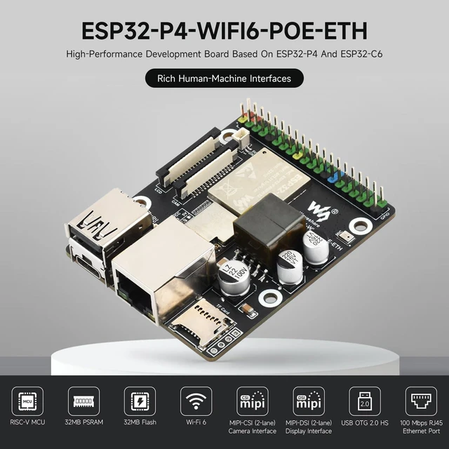 Alt view image 3 of 7 - Waveshare ESP32-P4-WIFI6-POE-ETH High-Performance Development Board, Based On ESP32-P4 and ESP32-C6, Supports Wi-Fi 6 and BLT 5 (LE), PoE Module, Bundle with 10.1inch Screen, Camera, Speaker(16 items)