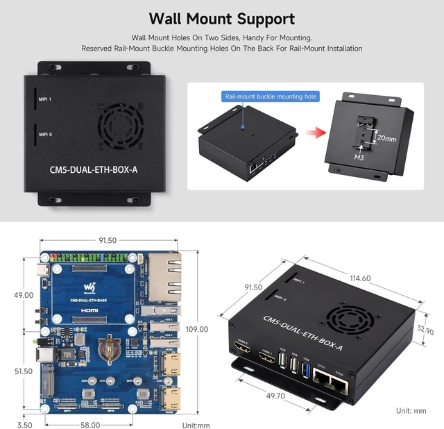 Alt view image 7 of 7 - Waveshare Giga-bit / 2.5G Dual Ethernet Base Board, Compatible with Raspberry Pi CM5. Dual RJ45 Ethernet, Dual 4K Display, Dual MIPI, 40Pin GPIO Header, with Board, Metal Case and Power Supply