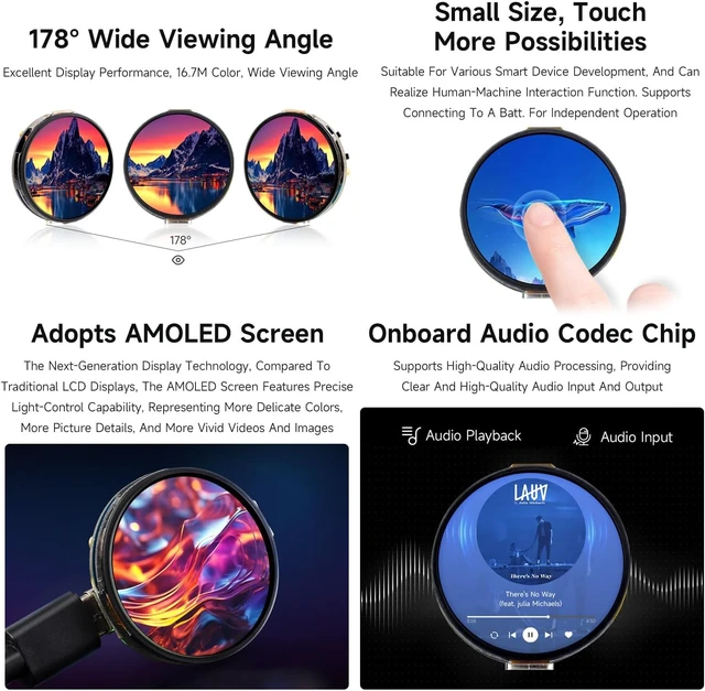 Alt view image 5 of 7 - Waveshare ESP32-C6 1.32inch AMOLED Round Touch Display Development Board, 466×466 Pixels, QSPI Interface, Supports Wi-Fi 6 and BT 5