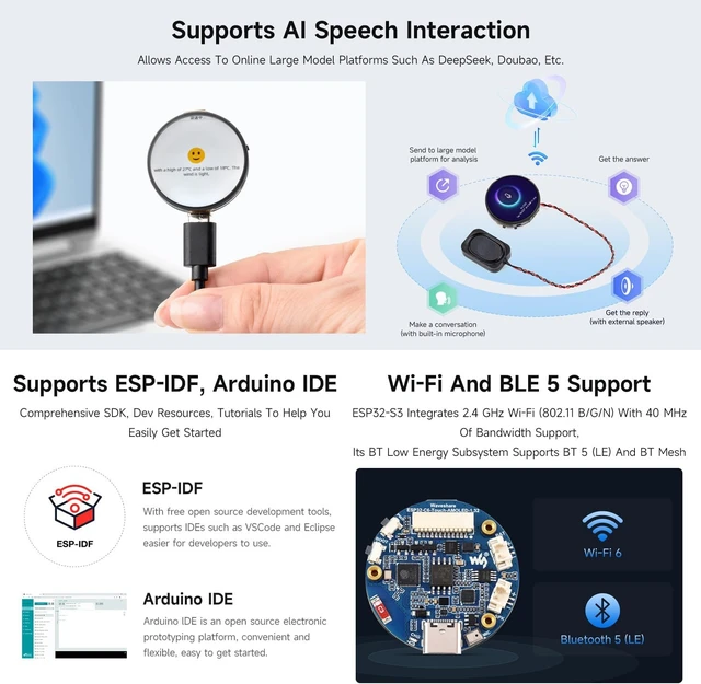Alt view image 6 of 7 - Waveshare ESP32-C6 1.32inch AMOLED Round Touch Display Development Board, 466×466 Pixels, QSPI Interface, Supports Wi-Fi 6 and BT 5
