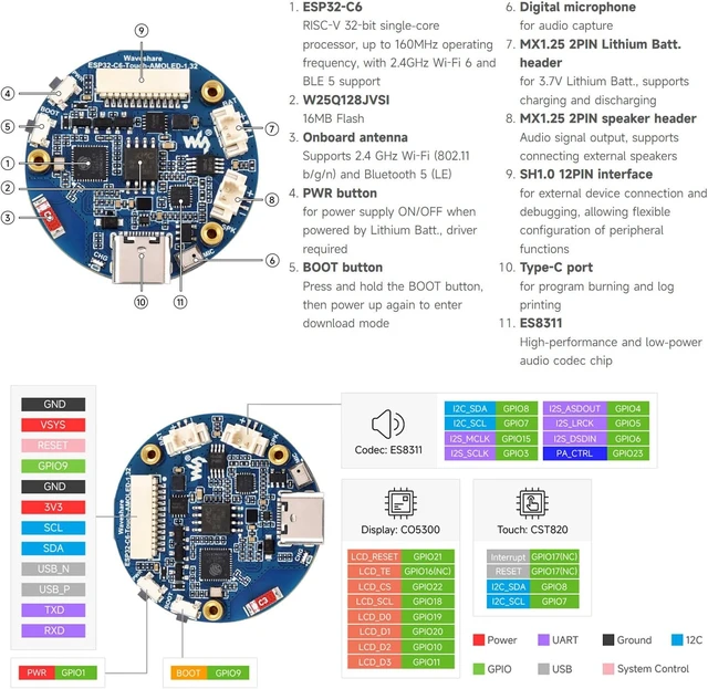 Alt view image 7 of 7 - Waveshare ESP32-C6 1.32inch AMOLED Round Touch Display Development Board, 466×466 Pixels, QSPI Interface, Supports Wi-Fi 6 and BT 5