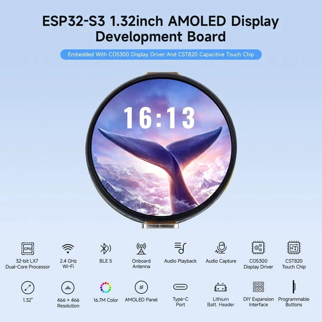 Alt view image 3 of 7 - Waveshare ESP32-S3 1.32inch AMOLED Round Touch Display Development Board, 466×466 Pixels, QSPI Interface, Supports Wi-Fi and BT 5