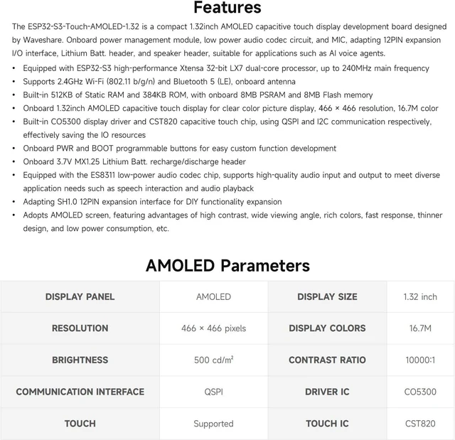 Alt view image 4 of 7 - Waveshare ESP32-S3 1.32inch AMOLED Round Touch Display Development Board, 466×466 Pixels, QSPI Interface, Supports Wi-Fi and BT 5