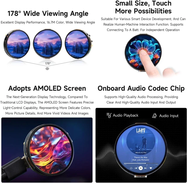Alt view image 5 of 7 - Waveshare ESP32-S3 1.32inch AMOLED Round Touch Display Development Board, 466×466 Pixels, QSPI Interface, Supports Wi-Fi and BT 5