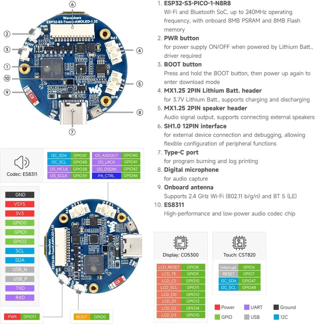 Alt view image 7 of 7 - Waveshare ESP32-S3 1.32inch AMOLED Round Touch Display Development Board, 466×466 Pixels, QSPI Interface, Supports Wi-Fi and BT 5