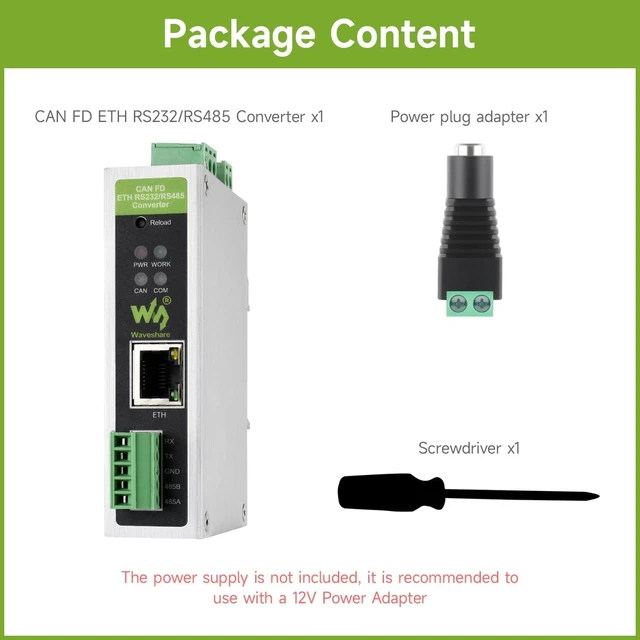 Alt view image 2 of 7 - Waveshare CAN FD Protocol Converter, CAN FD to ETH/RS232/RS485 Bidirectional Data Communication, Supports 5 Data Modes & CAN 2.0A/2.0B, Heartbeat and Registration Packets Support