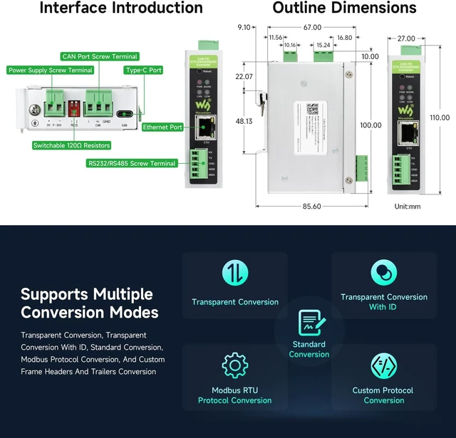 Alt view image 7 of 7 - Waveshare CAN FD Protocol Converter, CAN FD to ETH/RS232/RS485 Bidirectional Data Communication, Supports 5 Data Modes & CAN 2.0A/2.0B, Heartbeat and Registration Packets Support