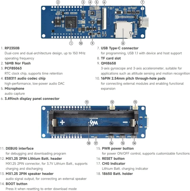 Alt view image 7 of 7 - Waveshare RP2350 Development Board with 3.49inch IPS Capacitive Touch Display, 172 × 640, Dual-core & Dual-Architecture Design, Built-in AXS15231B LCD & Touch Controller, Lithium Batt Included
