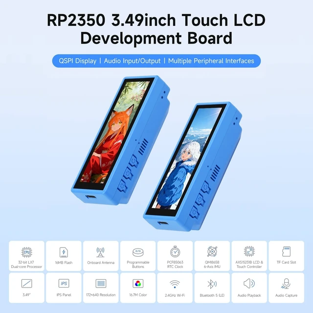 Alt view image 3 of 7 - Waveshare RP2350 Development Board with 3.49inch IPS Capacitive Touch Display, 172 × 640, Dual-core & Dual-Architecture Design, Built-in AXS15231B LCD & Touch Controller, Lithium Batt Included