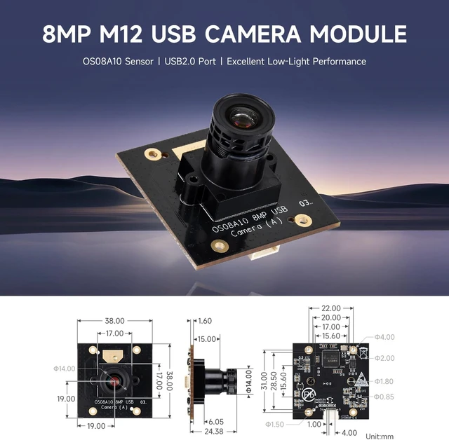 Alt view image 3 of 5 - Waveshare OS08A10 8MP M12 USB Camera Module, OS08A10 Sensor Chip, USB2.0 Port, Better Sensitivity in Low-Light Condition, Easy to Use