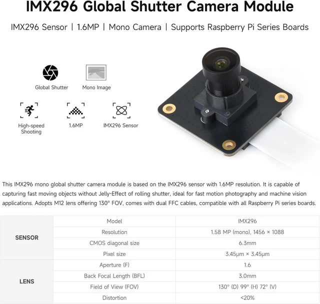 Alt view image 3 of 4 - Waveshare IMX296 1.6MP M12 Mono Camera, Global Shutter, Compatible with Raspberry Pi Series Boards