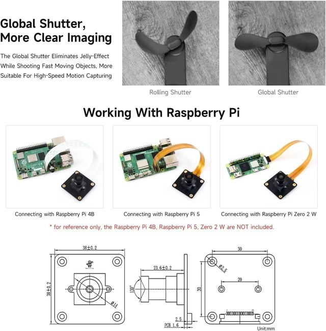 Alt view image 4 of 4 - Waveshare IMX296 1.6MP M12 Mono Camera, Global Shutter, Compatible with Raspberry Pi Series Boards