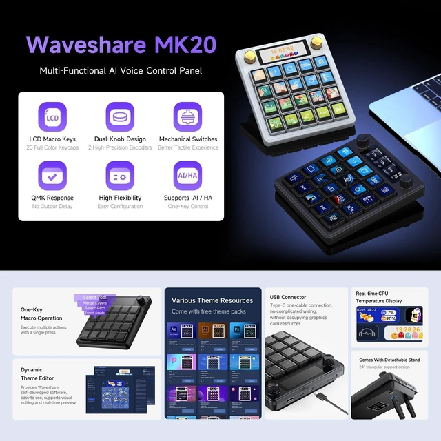 Alt view image 3 of 7 - waveshare MK20 AI Voice Control Panel, Onboard 20 × 0.85inch Mechanical LCD Macro Keys and A 2.8inch Secondary Screen, High-Precision Dual Knobs, Supports Linux + QMK Dual-System Architecture, White