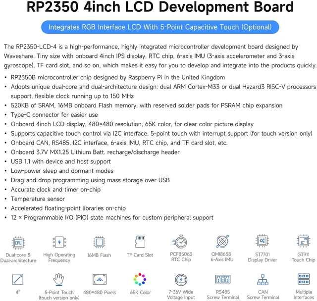 Alt view image 3 of 7 - Waveshare RP2350 4inch Display Development Board, 480×480 IPS Panel Display, 65K Color, Dual-core & Dual-Architecture Design, no Touch Function