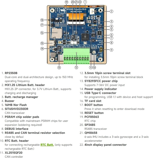 Alt view image 7 of 7 - Waveshare RP2350 4inch Display Development Board, 480×480 IPS Panel Display, 65K Color, Dual-core & Dual-Architecture Design, no Touch Function
