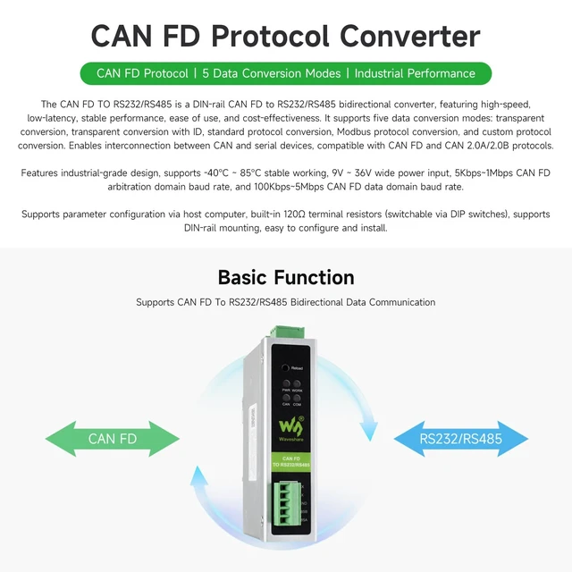 Alt view image 3 of 7 - Waveshare CAN FD Protocol Converter, CAN FD to RS232/RS485 Bidirectional Data Communication, Supports 5 Data Conversion Modes and CAN 2.0A/2.0B Protocols, Rail-Mount Support
