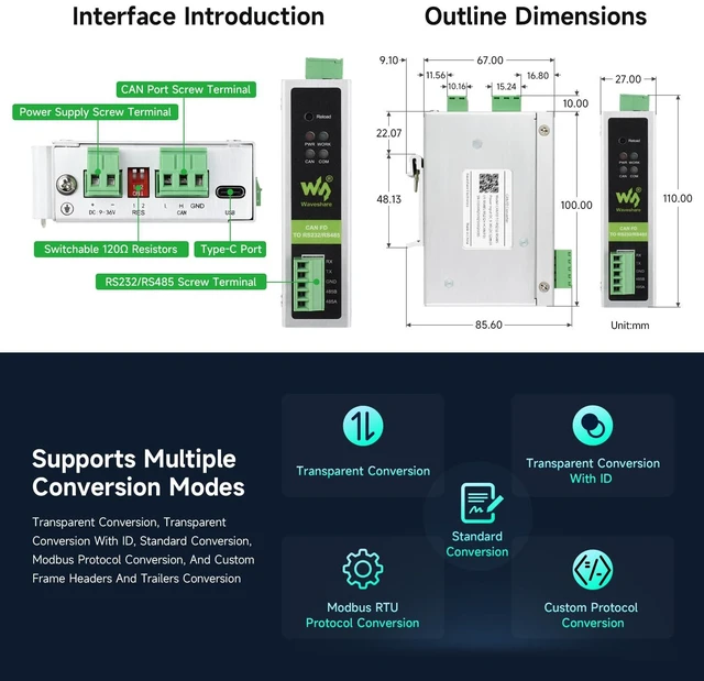 Alt view image 7 of 7 - Waveshare CAN FD Protocol Converter, CAN FD to RS232/RS485 Bidirectional Data Communication, Supports 5 Data Conversion Modes and CAN 2.0A/2.0B Protocols, Rail-Mount Support