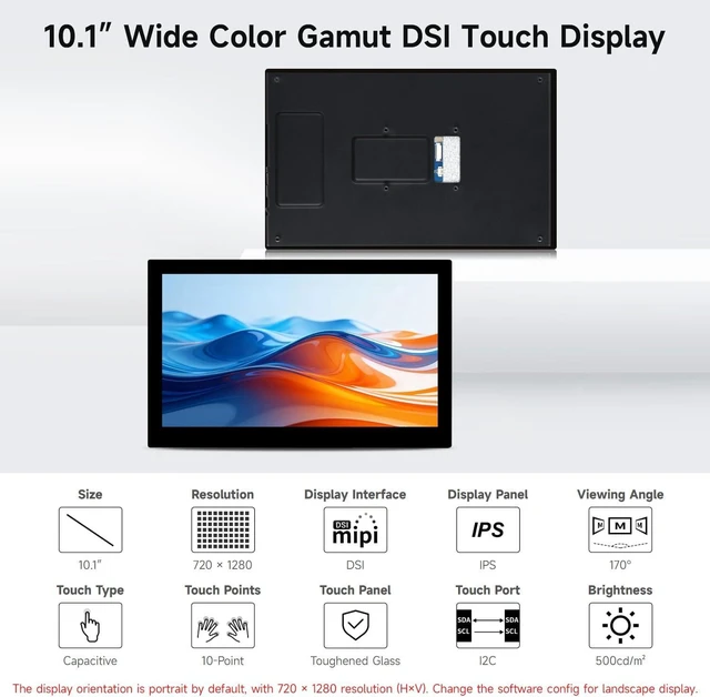Alt view image 3 of 7 - waveshare 10.1inch DSI Capacitive Touch Display, Compatible with Raspberry Pi 5/4B and ESP32-P4, Wide Color Gamut, 720 × 1280, IPS Panel, Supports 10-Point Touch, Toughened Glass Panel