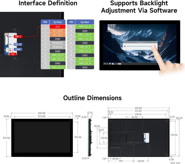 Alt view image 7 of 7 - waveshare 10.1inch DSI Capacitive Touch Display, Compatible with Raspberry Pi 5/4B and ESP32-P4, Wide Color Gamut, 720 × 1280, IPS Panel, Supports 10-Point Touch, Toughened Glass Panel
