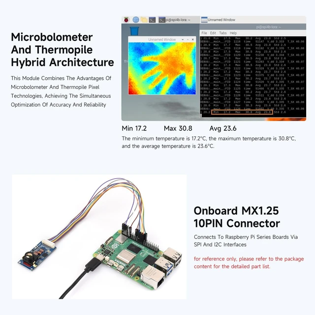 Alt view image 5 of 6 - Waveshare Long-Wave IR Thermal Imaging Camera Module, 80 × 62 Pixels IR Array, Motion Detection, SPI and I2C Interfaces Communication, Suitable for Raspberry Pi and Other Development Boards, 44° FOV