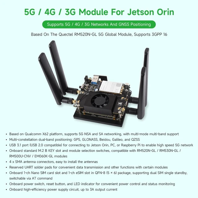 Alt view image 3 of 7 - Waveshare 5G/4G/3G RM520N-GL Module for Jetson Orin, Supports 5G NSA/SA & GNSS Positioning, Supports 3GPP 16