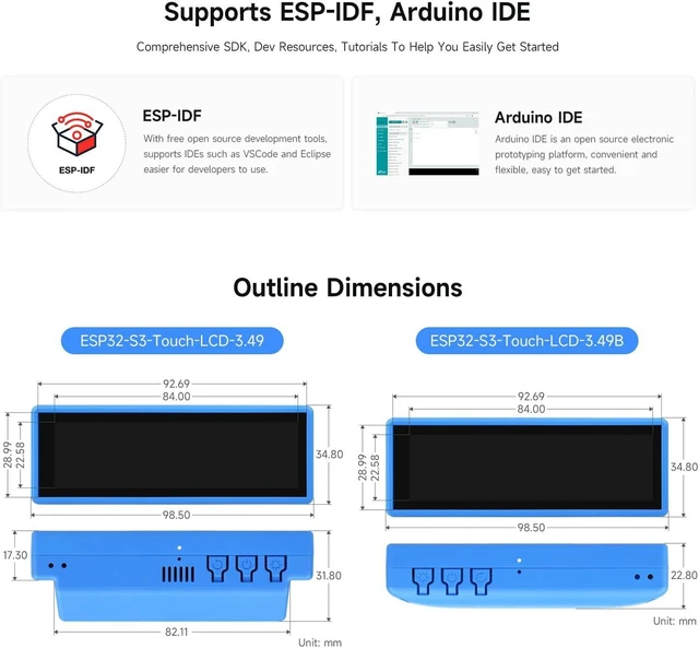 Alt view image 7 of 7 - Waveshare ESP32-S3 Development Board with 3.49inch IPS Touch Display, 172×640, Dual-Core ESP32-S3R8 Processor, Type B Case for Outdoor Use, Battery Not Included