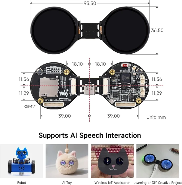Alt view image 6 of 7 - Waveshare ESP32-S3 1.28inch Double Eye Round LCD AIoT Development Board, with Dual 1.28inch IPS Displays, 240 × 240 Resolution, Dual-core 240MHz Processor, Wi-Fi/Bluetooth 5 Support