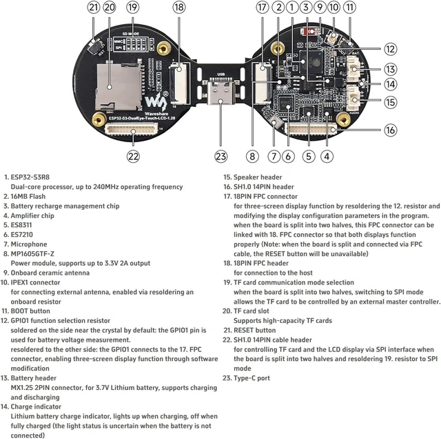 Alt view image 7 of 7 - Waveshare ESP32-S3 1.28inch Double Eye Round LCD AIoT Development Board, with Dual 1.28inch IPS Displays, 240 × 240 Resolution, Dual-core 240MHz Processor, Wi-Fi/Bluetooth 5 Support