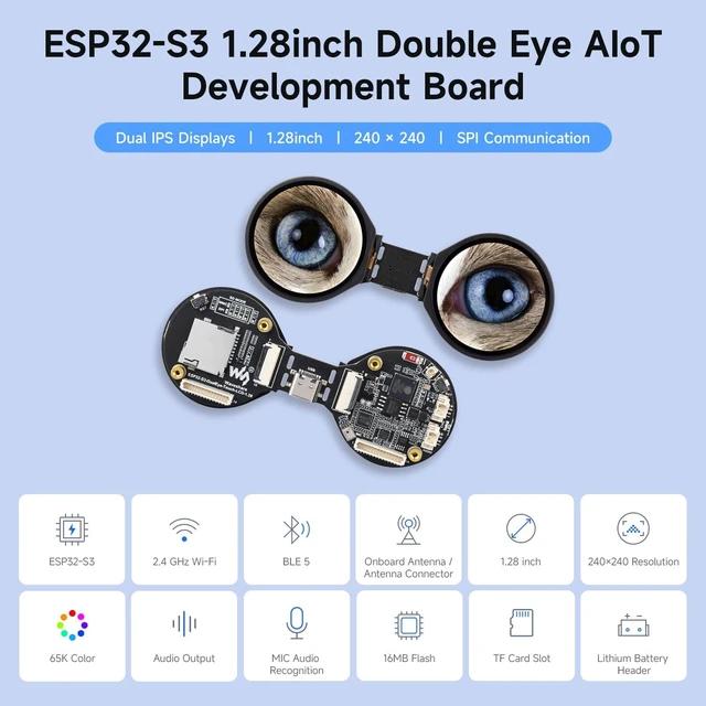 Alt view image 3 of 7 - Waveshare ESP32-S3 1.28inch Double Eye Round LCD AIoT Development Board, with Dual 1.28inch IPS Displays, 240 × 240 Resolution, Dual-core 240MHz Processor, Wi-Fi/Bluetooth 5 Support