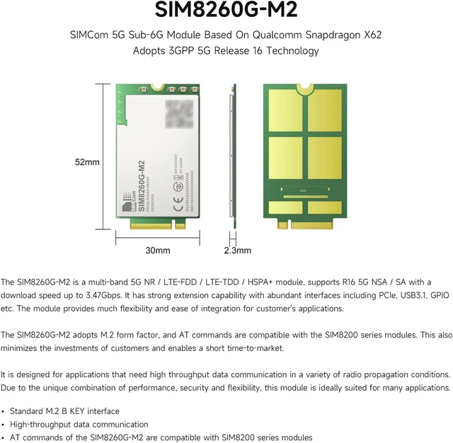 Alt view image 3 of 5 - Waveshare SIM8260G-M2, SIMCom Original 5G Sub-6GHz Module, Powered by Qualcomm Snapdragon X62, Utilizing 3GPP 5G Release 16 Technology