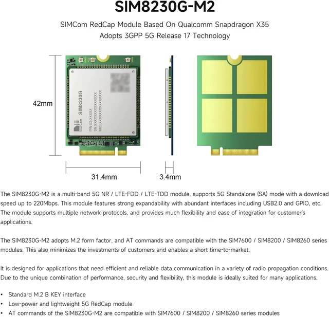 Alt view image 3 of 5 - Waveshare SIM8230G-M2, SIMCom Original Redcap Module, Powered by Qualcomm Snapdragon X35, Utilizing 3GPP 5G Release 17 Technology