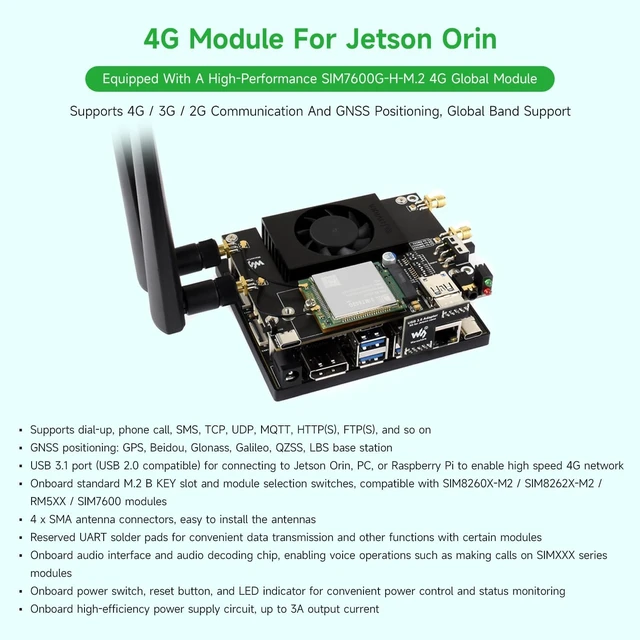 Alt view image 3 of 7 - Waveshare 4G Module Expansion Board for Jetson Orin Includes SIM7600G-H-M.2 4G Module, Supporting 4G/3G/2G Communication and GNSS Positioning with Global Coverage
