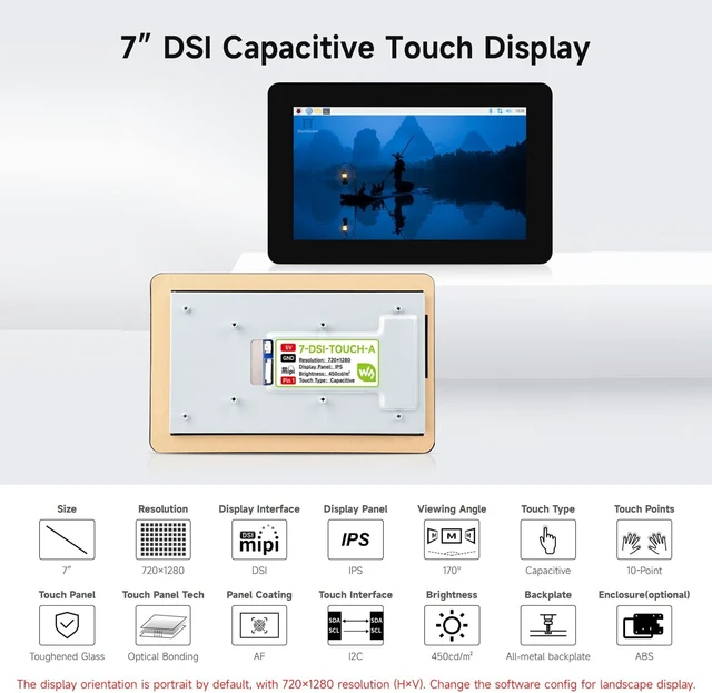 Alt view image 3 of 7 - Waveshare 7inch DSI Capacitive Touch Display, 720×1280 Pixels, IPS Panel, Optical Bonding Toughened Glass Panel, 10-Point Touch, Anti-Fingerprint Process, Comes with Protective Case