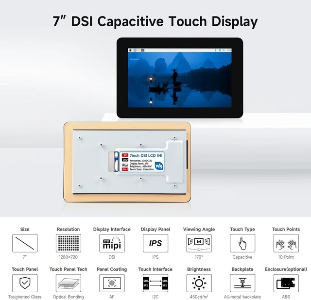 Alt view image 3 of 7 - Waveshare 7" DSI Capacitive Touch Display, Compatible with Raspberry Pi 5/4B/3B+/3A+, Supports ESP32-P4, RK3506, RK3576, 1280x720 IPS, Optical Bonding Toughened Glass, 10-Point Touch, Anti-Fingerprint