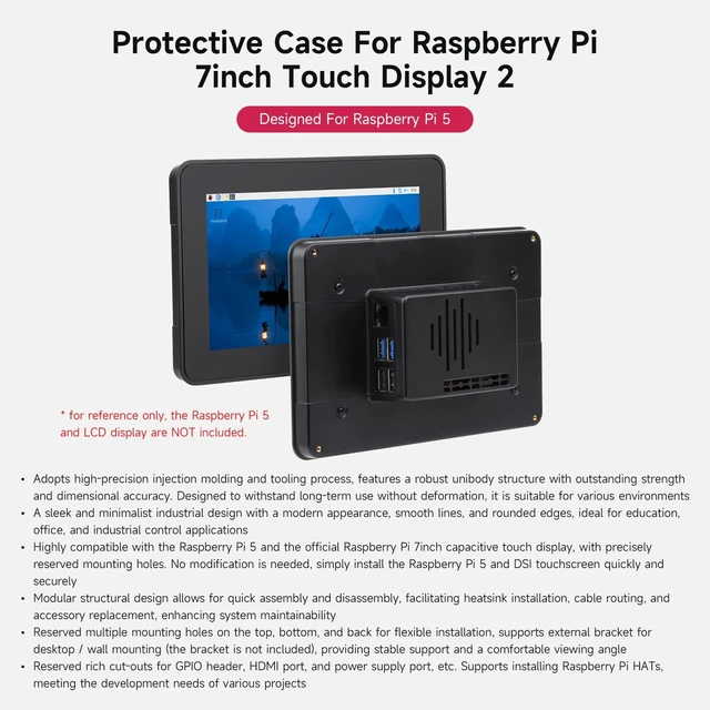 Alt view image 3 of 7 - Waveshare Protective Case, Compatible with RPi 7inch Touch Display 2 and Pi 5,Compatible with Multiple 7inch Screens, Reserved Rich Interfaces, Includes Back Cover Only, Black