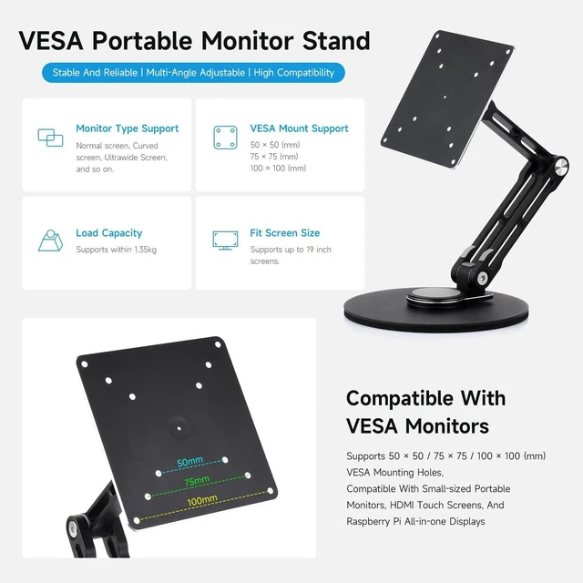 Alt view image 3 of 7 - Waveshare VESA Portable Monitor Adjustable Stand, Compatible with Monitors Up to 19 Inches, Multi-Axis Rotation, Ergonomic Design with Weighted Base, Foldable for Easy Storage